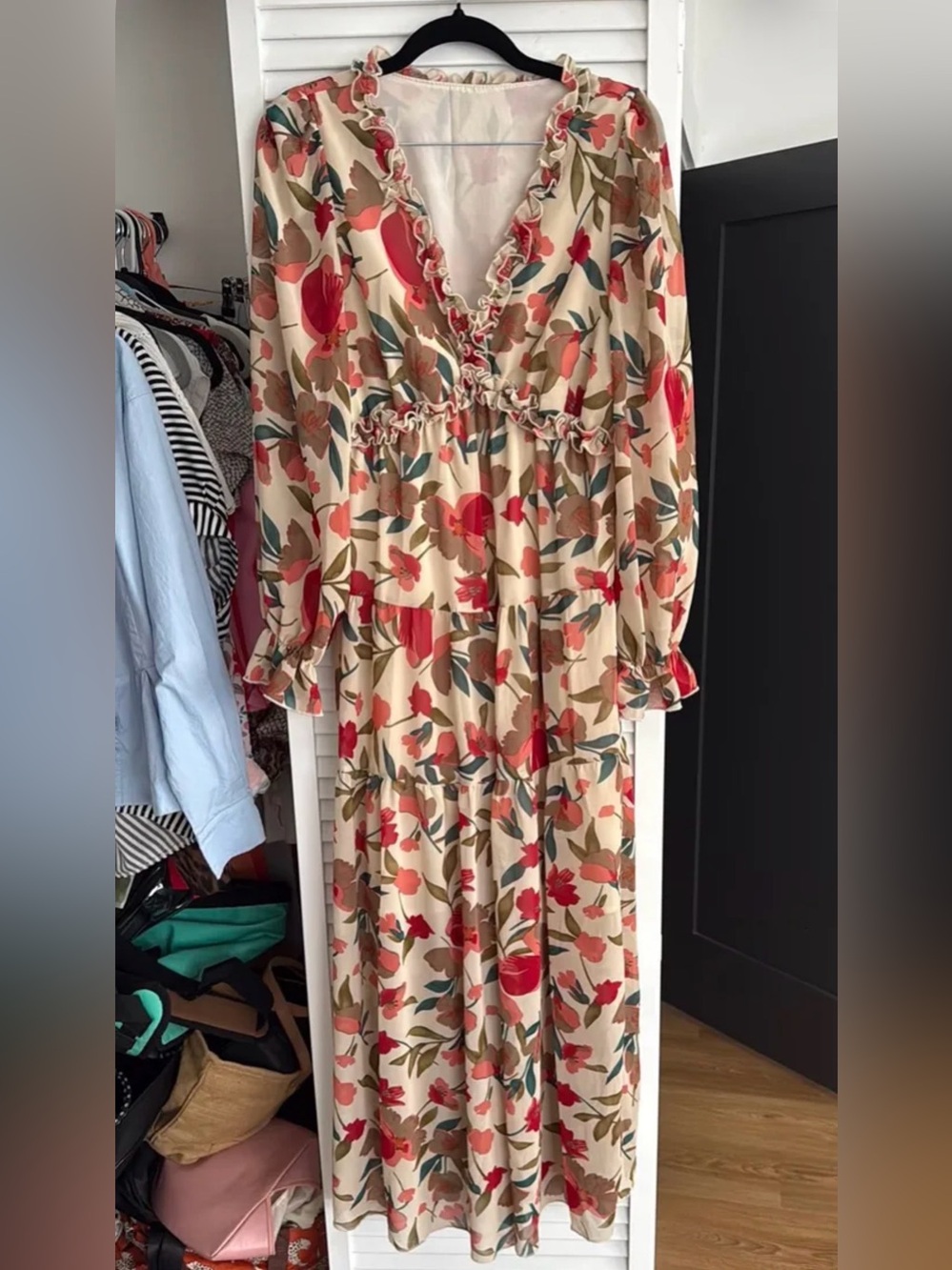 Amazon Beige Maxi Dress with Red Floral Print